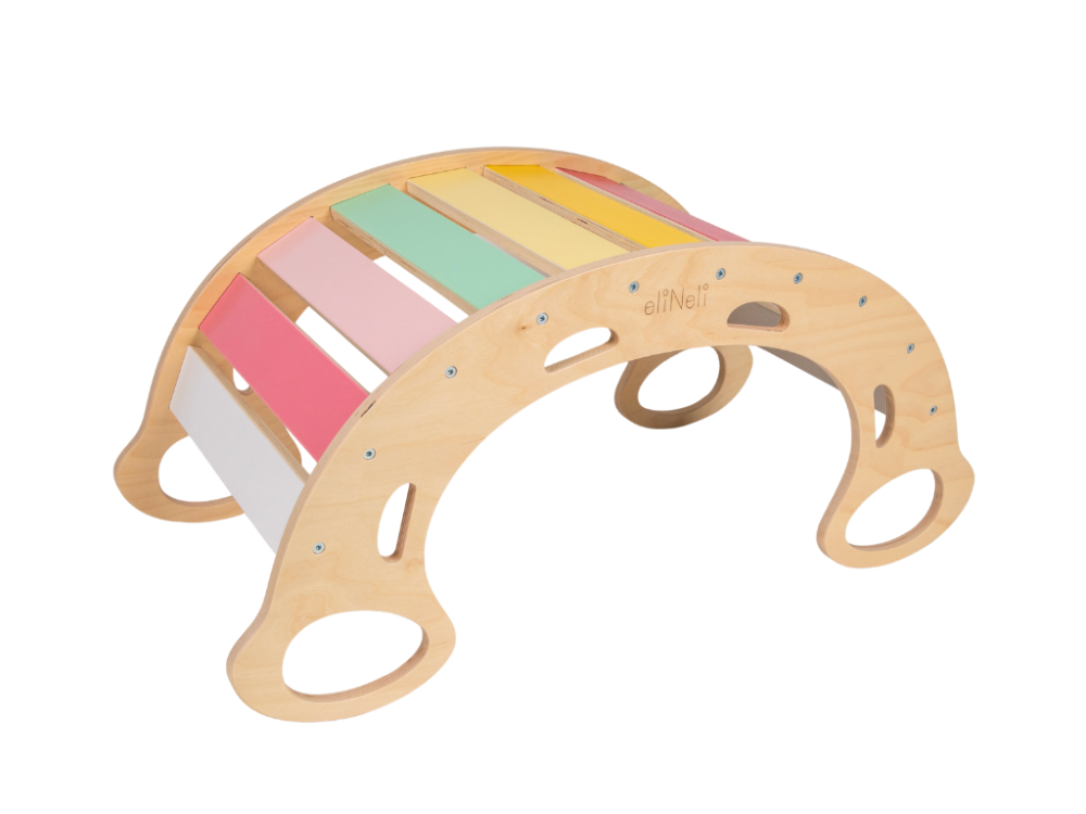 Drvena Montessori ljuljačka 5u1 sa daskom 2u1 - komplet svježe boje